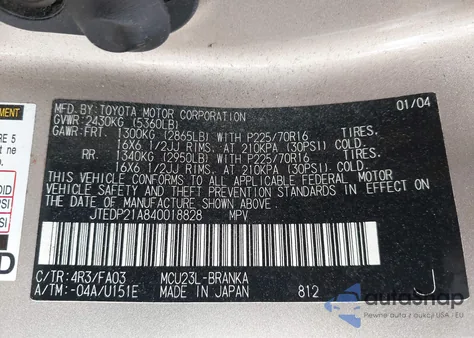 2004 Toyota Highlander V6 z USA, uszkodzony, nr VIN JTEDP21A840018828